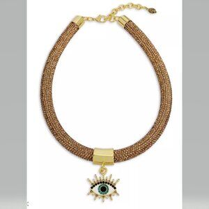 Kurt Geiger Crystal Eye Pendant Charm Rope Collar Necklace in Gold NWT